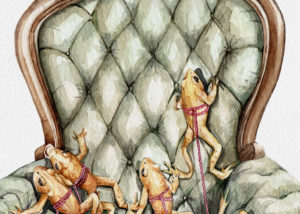 Detalle de acuarela con ranas atadas a gordones rosa subiendo un sillon verde