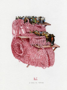 Collage - Acuarela. Personas en plataformas sobre un celebro formado por gordones rosa