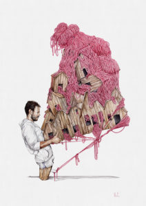 Acuarela de hombre sujetando edificio de madera meidio envuelto y sujeto con gordones rosa